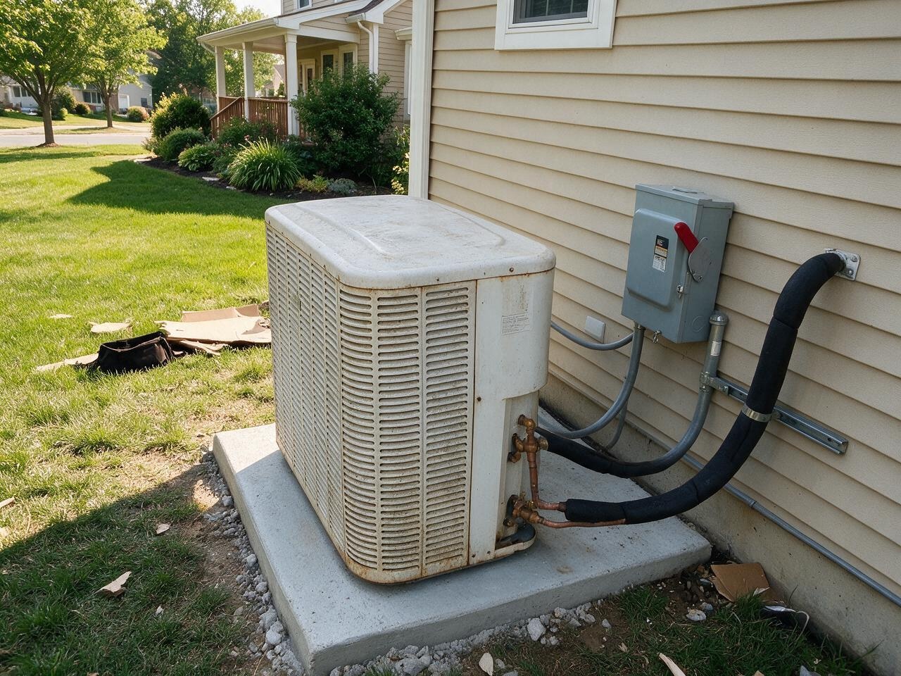 Before AC repair - worn condenser unit